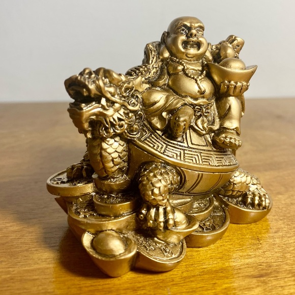 Laughing Buddha Sitting on Dragon Tortoise Resin Statue - Picture 8 of 11